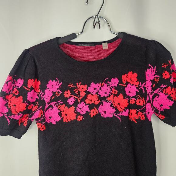 Tahari Women’s Knit Short Puff Sleeve Sweater Pink Floral Black Size XS - Picture 2 of 6